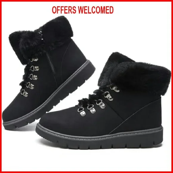 Women's Winter Ankle Boots PU Leather Lace Up Zipper Warm Fuzzy Snow Boots